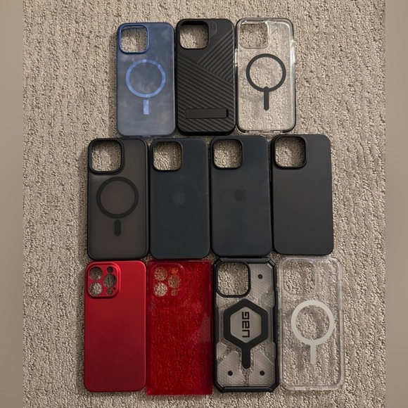 Assorted iPhone 15 Pro Max Cases. Apple, Speck, UAG, Zagg, Amazon